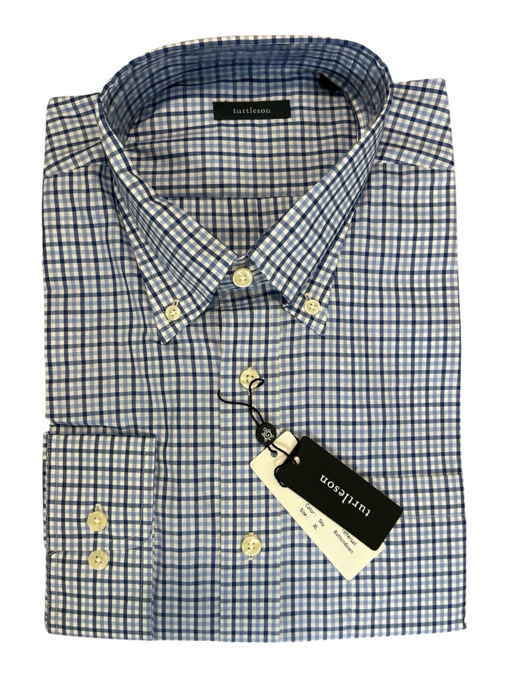 Turtleson Men’s XL Blue White Gingham Check Button Down Shirt 100% Cotton NWT